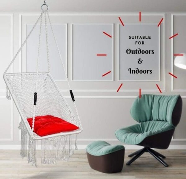  CURIO  CENTER Make in India Round Premium Swing with Polyester Ropes & Mild Steel Frame for Adults & Kids/Indoor Outdoor Hanging Swing Chair with Cushion & Accessories (66 x 96 x 144cm, White) -  Free Size,  White,  Polyester Rope With Iron Frame,   Pack of 1,  Rectangle